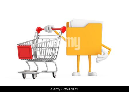 Gelbes Ordner Icon Cartoon Person Figur Maskottchen mit Einkaufswagen Trolley auf weißem Hintergrund. 3D-Rendering Stockfoto
