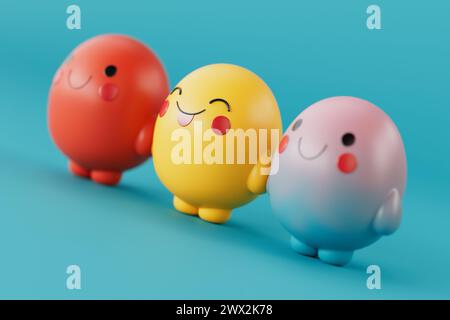 Niedliche Cartoon Doodle Charaktere mit verschiedenen Gesichtern im Kawaii Style auf blauem Hintergrund. 3D-Rendering Stockfoto
