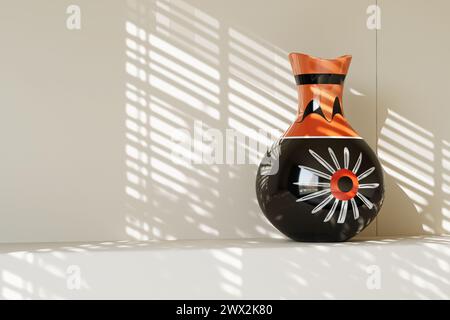 Schwarze hölzerne abstrakte afrikanische Design Vase im Zimmer mit weißer Wand und Sonnenschatten extreme Nahaufnahme.. 3D-Rendering Stockfoto