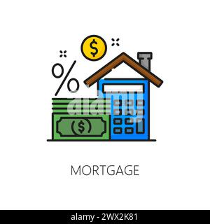 Hypothekensymbol für Immobilienkauf oder Hauswohnungen Miete, Vektor-Farblinie. Hypothekarkredit für Wohnimmobilien zum Kauf oder zur Vermietung von Wohneigentum, Symbol für Haus und Geld mit Kalkulator Prozent Stock Vektor