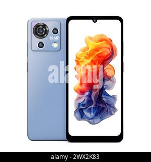 Abstrakte moderne Smartphone-Vorder- und Rückansicht auf weißem Hintergrund. 3D-Rendering Stockfoto