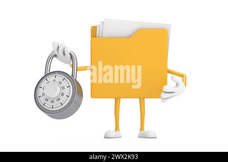 Gelbes Aktenordner Icon Cartoon Person Figur Maskottchen mit silbernem Kombinationsschloss auf weißem Hintergrund. 3D-Rendering Stockfoto