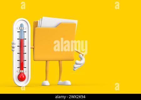 Gelbes Aktenordner Icon Cartoon Person Figur Maskottchen mit Outdoor Thermometer auf gelbem Hintergrund. 3D-Rendering Stockfoto