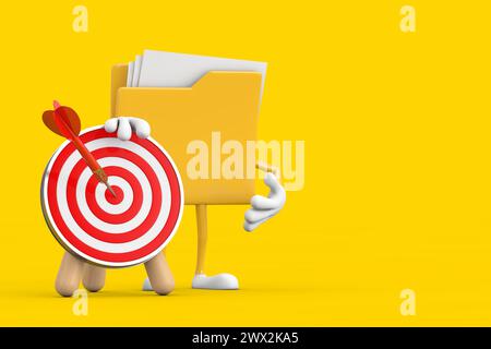 Gelbes Aktenordner-Symbol Cartoon Person Figur Maskottchen mit Bogenschießziel und Dart in der Mitte auf gelbem Hintergrund. 3D-Rendering Stockfoto