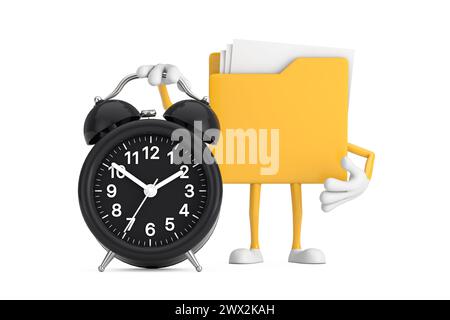 Gelbes Aktenordner-Symbol Cartoon Person Figur Maskottchen mit Wecker auf weißem Hintergrund. 3D-Rendering Stockfoto