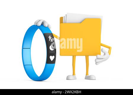 Gelbes Aktenordner Icon Cartoon Person Figur Maskottchen mit blauem Fitness Tracker auf weißem Hintergrund. 3D-Rendering Stockfoto