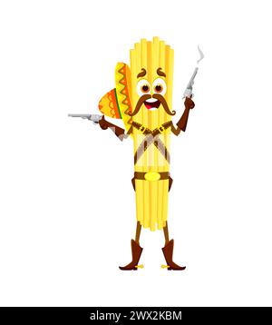 italienischer Cartoon-Cowboy, Banditen oder Räuber mit Waffen und Hut. Lustige Wild West Western Cowboy Gunslinger Vektorfigur von Bucatini Makkaroni Essen mit Sombrero, Ledergürtel, Revolver Stock Vektor