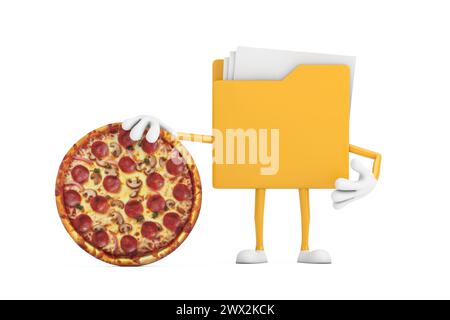 Gelbes Aktenordner Icon Cartoon Person Charakter Maskottchen mit leckerer Peperoni Pizza auf weißem Hintergrund. 3D-Rendering Stockfoto