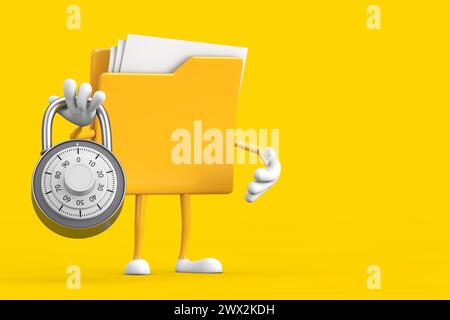 Gelbes Aktenordner Icon Cartoon Person Figur Maskottchen mit silbernem Kombinationsschloss auf gelbem Hintergrund. 3D-Rendering Stockfoto