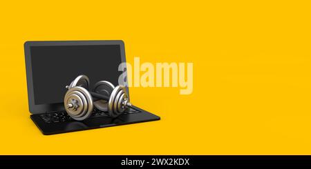 Fitness-Übungsgeräte Kurzhanteln Gewicht auf einem modernen Laptop Computer auf einem gelben Hintergrund. 3D-Rendering Stockfoto