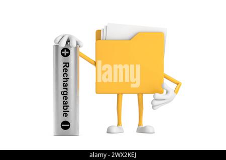 Gelbes Aktenordner-Symbol Cartoon Person Figur Maskottchen mit wiederaufladbarer Batterie auf weißem Hintergrund. 3D-Rendering Stockfoto