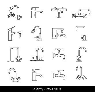 Armaturen für Küche und Bad mit Symbolen für Wasserhähne. Vector dünne Spülwasserhähne und Badewannen-Armaturen mit Wassertropfen und Durchfluss, Ventilknöpfe und -Hebel, Dusche und Schlauch. Umreißen Sie Sanitäranlagen, Schilder für Tapeziergeräte Stock Vektor