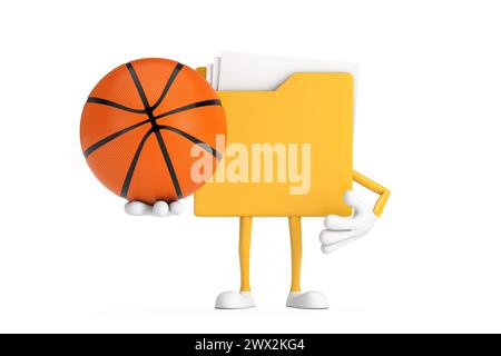 Gelbes Aktenordner Icon Cartoon Person Figur Maskottchen mit Basketballball auf weißem Hintergrund. 3D-Rendering Stockfoto