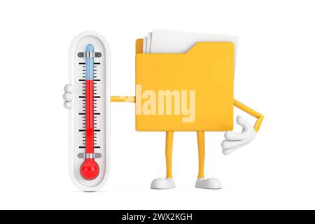 Gelbes Aktenordner Icon Cartoon Person Figur Maskottchen mit Outdoor Thermometer auf weißem Hintergrund. 3D-Rendering Stockfoto