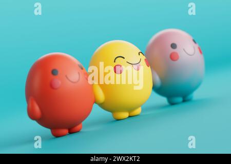 Niedliche Cartoon Doodle Charaktere mit verschiedenen Gesichtern im Kawaii Style auf blauem Hintergrund. 3D-Rendering Stockfoto