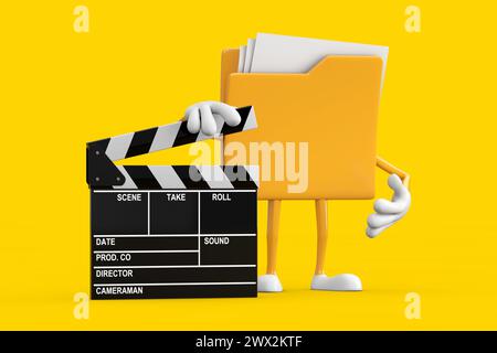 Gelbes Aktenordner-Symbol Cartoon Person Figur Maskottchen mit Film Clapper Board auf einem gelben Hintergrund. 3D-Rendering Stockfoto