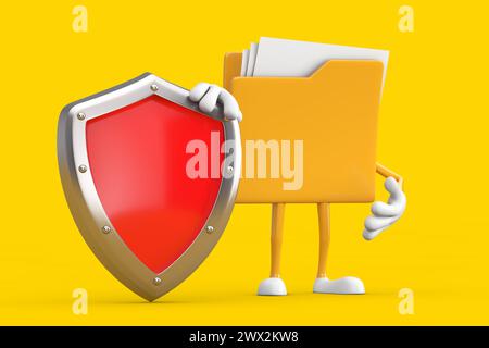 Gelbes Aktenordner Icon Cartoon Person Charakter Maskottchen mit rotem Metall Schutz Schild Hintergrund. 3D-Rendering Stockfoto