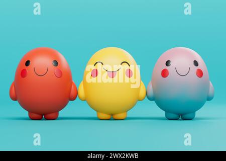 Niedliche Cartoon Doodle Charaktere mit verschiedenen Gesichtern im Kawaii Style auf blauem Hintergrund. 3D-Rendering Stockfoto