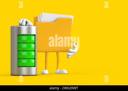 Gelbes Aktenordner-Symbol Cartoon Person Charakter Maskottchen mit abstrakter Ladebatterie auf einem gelben Hintergrund. 3D-Rendering Stockfoto