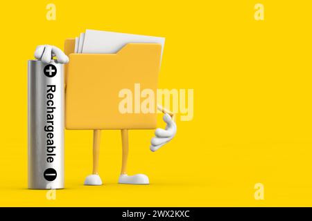 Gelbes Aktenordner-Symbol Cartoon Person Figur Maskottchen mit wiederaufladbarer Batterie auf gelbem Hintergrund. 3D-Rendering Stockfoto