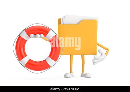 Gelbes Aktenordner Icon Cartoon Person Figur Maskottchen mit Rettungsboje auf weißem Hintergrund. 3D-Rendering Stockfoto