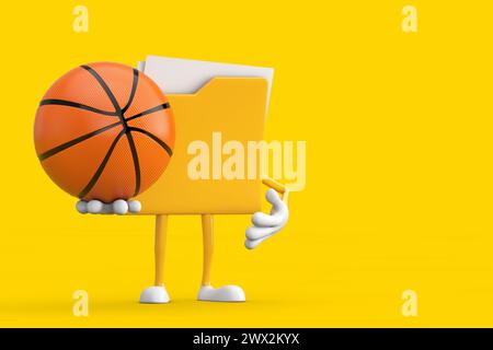 Gelbes Aktenordner Icon Cartoon Person Figur Maskottchen mit Basketballball auf gelbem Hintergrund. 3D-Rendering Stockfoto