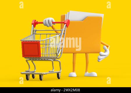 Gelbes Ordner Icon Cartoon Person Figur Maskottchen mit Einkaufswagen Trolley auf einem gelben Hintergrund. 3D-Rendering Stockfoto