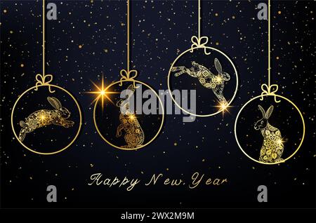 Frohes Neues Jahr 2023. Goldene Weihnachtskugeln Figuren mit Kaninchen in floralem Ornament mit Pailletten isoliert auf schwarzem Hintergrund. Vektor Stockfoto