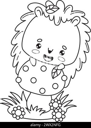Süßer Igel auf großen Fliegenpilz. Vektorabbildung. Zeichentrickskizze Tierfigur. Linienzeichnung, Malbuch. Kinderkollektion Stock Vektor