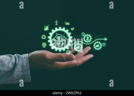 Reduzieren Sie CO2-Emissionen und CO2-Fußabdruck, um die globale Erwärmung und den Klimawandel zu begrenzen. Nachhaltige Entwicklung und umweltfreundliches Unternehmen auf Basis erneuerbarer Energien Stockfoto