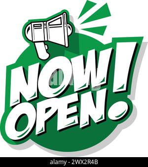 Hinweis jetzt geöffnet. Vorlagenschild mit Megaphon für Eingangstür oder Web. Eröffnungsfeier. Vektor auf transparentem Hintergrund Stock Vektor