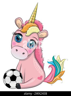 Niedliche Cartoon Einhorn mit Fußball, Sommer, Kinderspiele, Club. Stock Vektor
