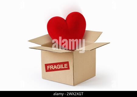 Herz im Karton mit dem Wort Fragile - Konzept von Liebe und Fragilität Stockfoto