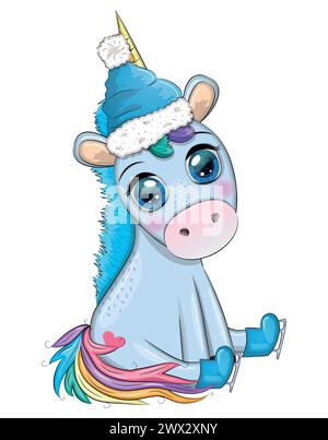 Cute Cartoon Einhorn in santa Hut mit Geschenk, weihnachtskugel, Süßigkeiten kane. Neujahr und Weihnachten. Stock Vektor