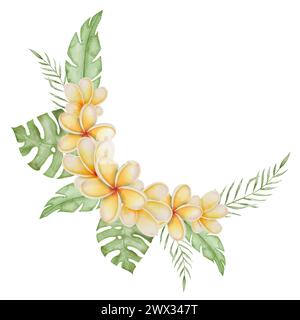 Plumeria Aquarellrahmen. Frangipani-Blüte mit tropischen Blättern. Handgezeichnetes Clipart auf isoliertem Hintergrund. Runder Kranz aus einem Blumenstrauß exotischer Sommerpflanzen. Botanische Illustration der Blumen. Stockfoto