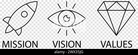 Mission, Vision und Values Symbolsatz. Vektorabbildung isoliert auf transparentem Hintergrund Stock Vektor