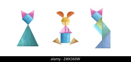 Set aus Holztieren für Kinder. Bunte Hasen und Katzen aus Holzziegeln. Geometrische Rätsel im Tangram-Aquarell. Abbildung Stockfoto