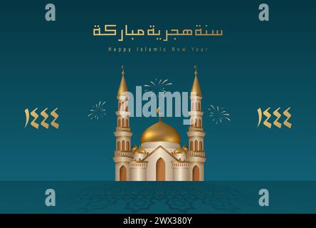 Übersetzung: Happy Islamic New Year 1444. Islamische Grußkarte Konzept mit arabischer Laterne Design Vektor Illustration. Happy New Hijri Year mit Calli Stock Vektor