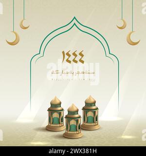 Übersetzung: Happy Islamic New Year 1444. Islamische Grußkarte Konzept mit arabischer Laterne Design Vektor Illustration. Happy New Hijri Year mit Calli Stock Vektor