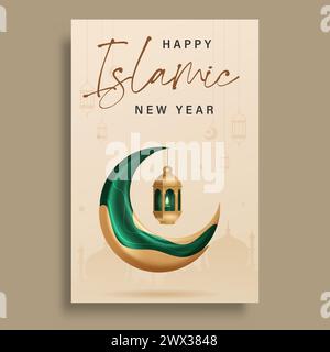 Übersetzung: Happy Islamic New Year 1444. Islamische Grußkarte Konzept mit arabischer Laterne Design Vektor Illustration. Happy New Hijri Year mit Calli Stock Vektor
