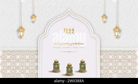 Übersetzung: Happy Islamic New Year 1444. Islamische Grußkarte Konzept mit arabischer Laterne Design Vektor Illustration. Happy New Hijri Year mit Calli Stock Vektor