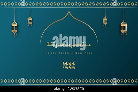 Übersetzung: Happy Islamic New Year 1444. Islamische Grußkarte Konzept mit arabischer Laterne Design Vektor Illustration. Happy New Hijri Year mit Calli Stock Vektor