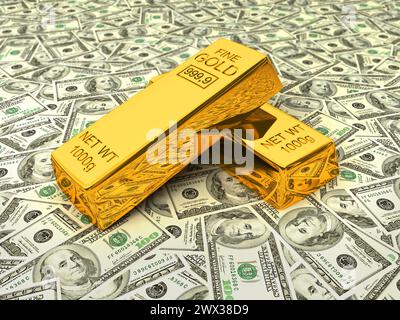 Goldbarren auf Dollar Stockfoto