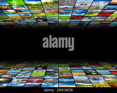Abstrakter Multimedia-Hintergrund, der aus vielen Bildern mit Kopie besteht Stockfoto