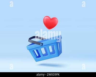 3D-Einkaufswagen und Herzzeichen. Einkaufstasche zum Kauf, Verkauf, Rabatt, Werbeaktion. 3D-Rendering. Vektorabbildung Stock Vektor