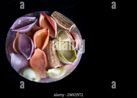 Nahaufnahme farbenfroher Rigatoni- und Muschelnudelformen, die in Eis auf schwarzem Hintergrund gefroren sind. Negatives Leerzeichen für Text. Stockfoto