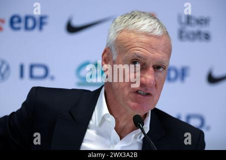 Marseille, 26. März 2024. Didier Deschamps Cheftrainer von Frankreich reagiert auf die Pressekonferenz nach dem Spiel im Anschluss an das internationale Freundschaftsspiel im Orange Vélodrome in Marseille. Der Bildnachweis sollte lauten: Jonathan Moscrop/Sportimage Credit: Sportimage Ltd/Alamy Live News Stockfoto