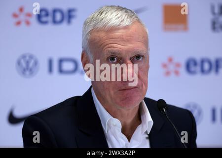 Marseille, 26. März 2024. Didier Deschamps Cheftrainer von Frankreich reagiert auf die Pressekonferenz nach dem Spiel im Anschluss an das internationale Freundschaftsspiel im Orange Vélodrome in Marseille. Der Bildnachweis sollte lauten: Jonathan Moscrop/Sportimage Credit: Sportimage Ltd/Alamy Live News Stockfoto