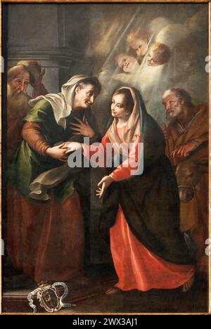 MAILAND, ITALIEN - 7. MÄRZ 2024: Das Gemälde der Besucherschaft in der Kirche Chiesa di San Bartolomeo von unbekanntem Barockkünstler. Stockfoto
