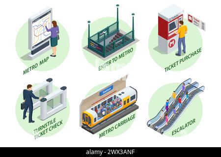 Subway-Elemente des isometrischen Sets. Drehkreuz-Ticket-Check, Eingang zur Metro, Eskalator, Ticketkauf, U-Bahn-Kutsche, U-Bahn-Station, U-Bahn-Station Stock Vektor